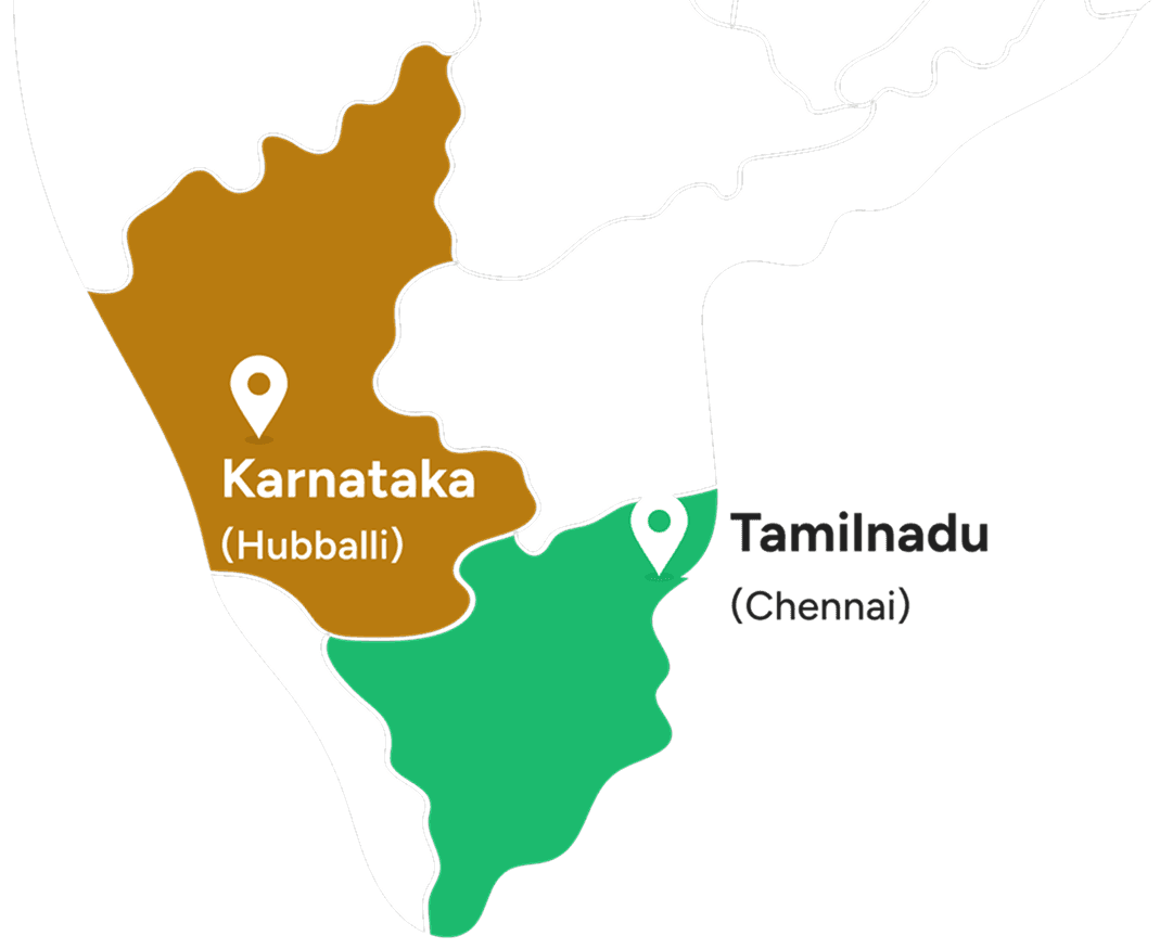 Map of India highlighting Karnataka (Hubballi) and Tamilnadu (Chennai) pilot locations